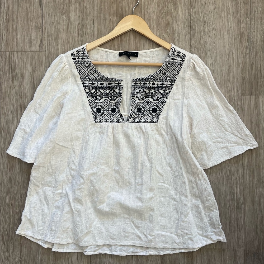 Sanctuary Embroidered Boho Peasant Top | White Cotton Gauze Blouse Size M